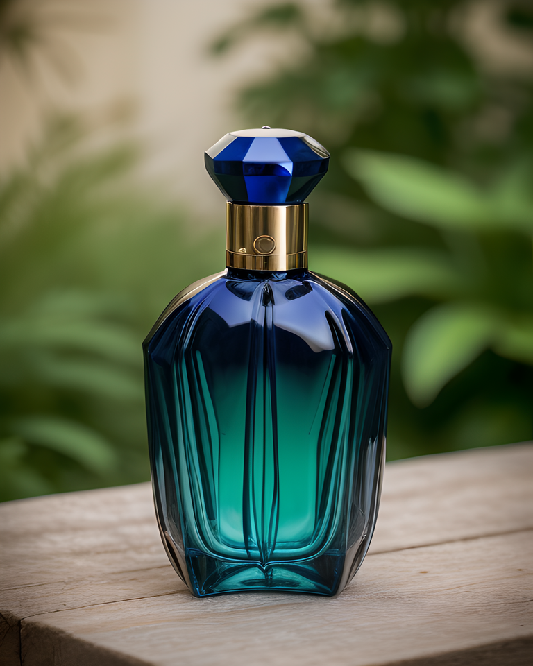 Mysterious Dark Blue Perfume Bottle in the Garden