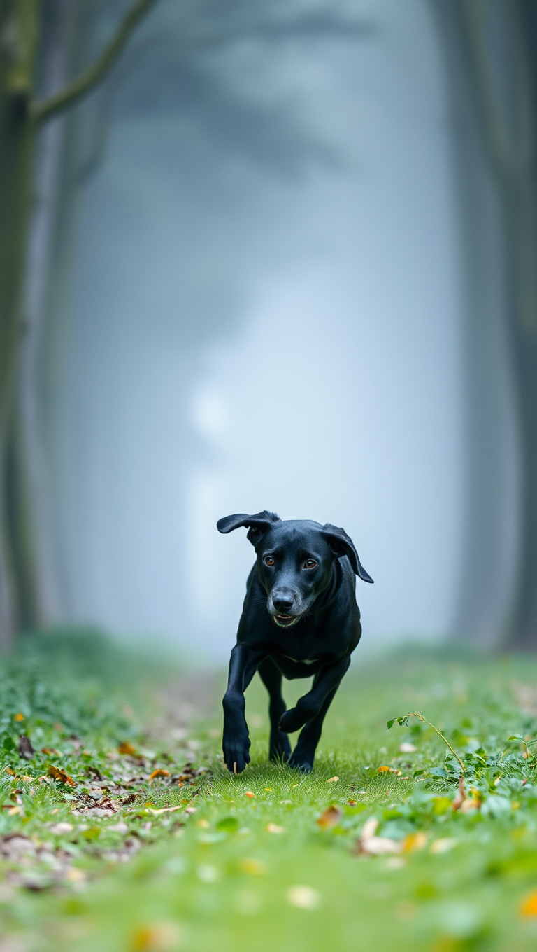 Sleek Black Dog Runs Freely Through Misty Forest