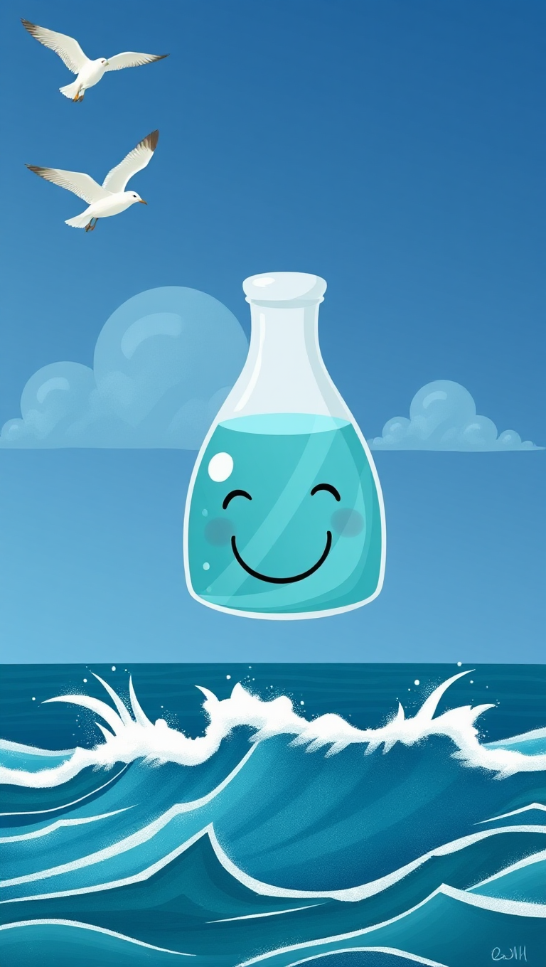 Whimsical Flask Illustration Floats Above Deep Blue Ocean