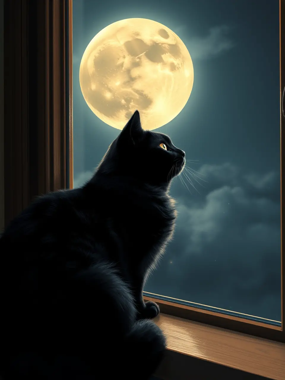 Majestic Black Cat Gazes at Full Moon on Windowsill