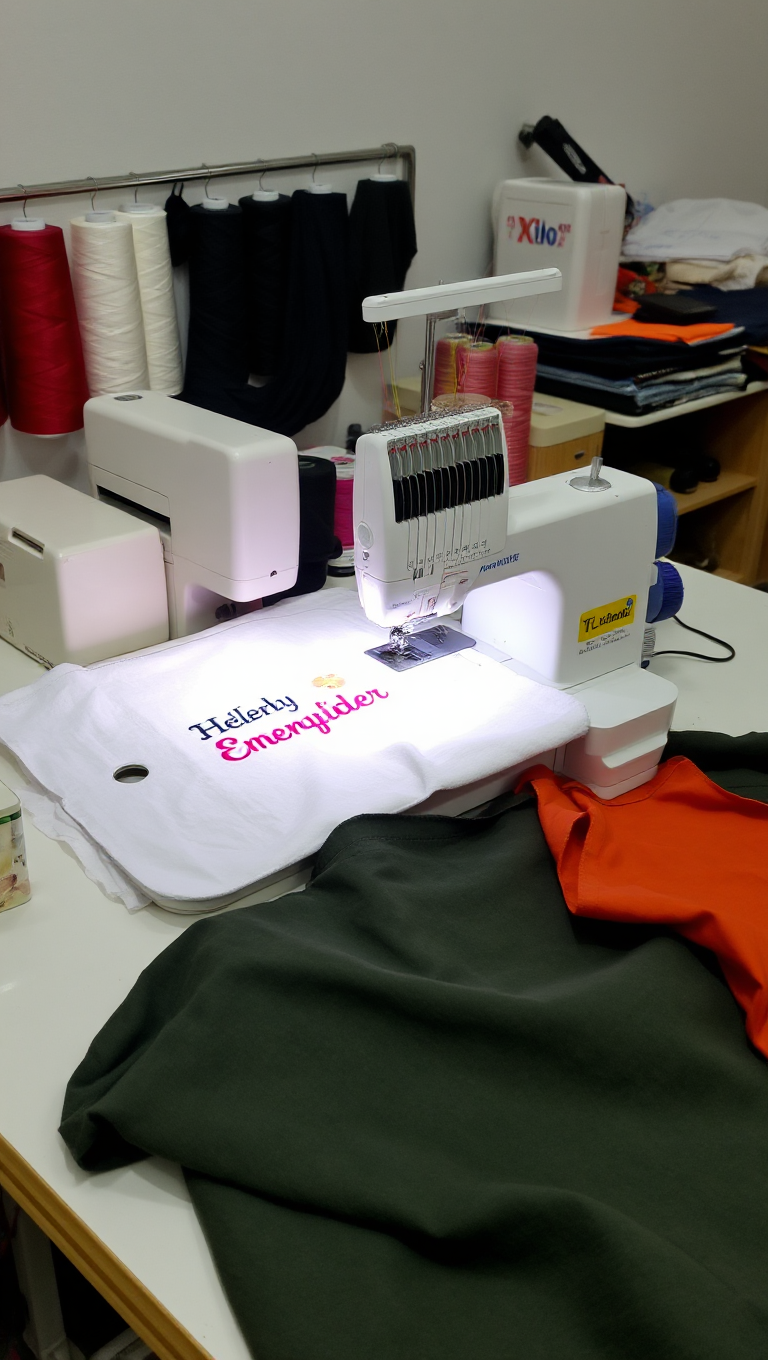 Machine Embroidery Machine Ready for New Project with Threads Fabrics