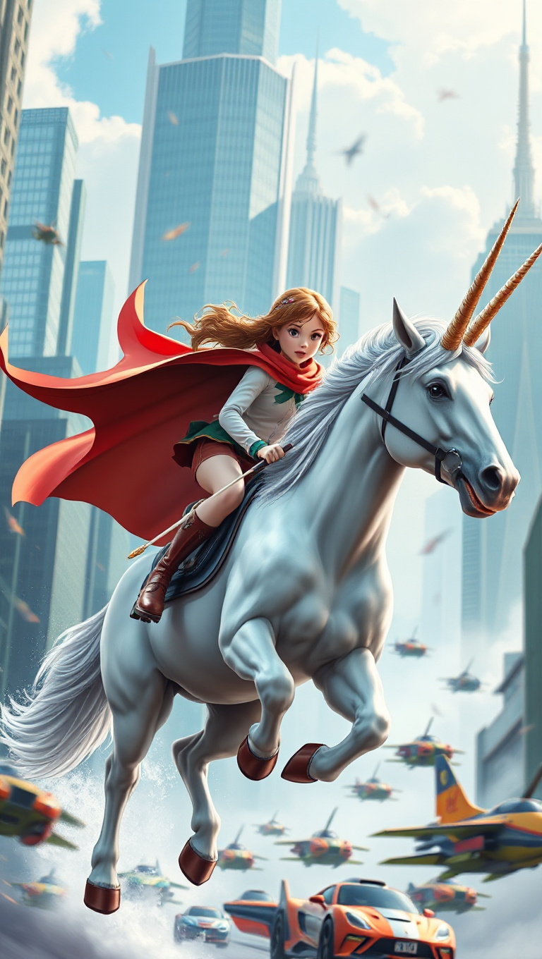 Brave Girl Rides Powerful Unicorn in Dynamic Cityscape