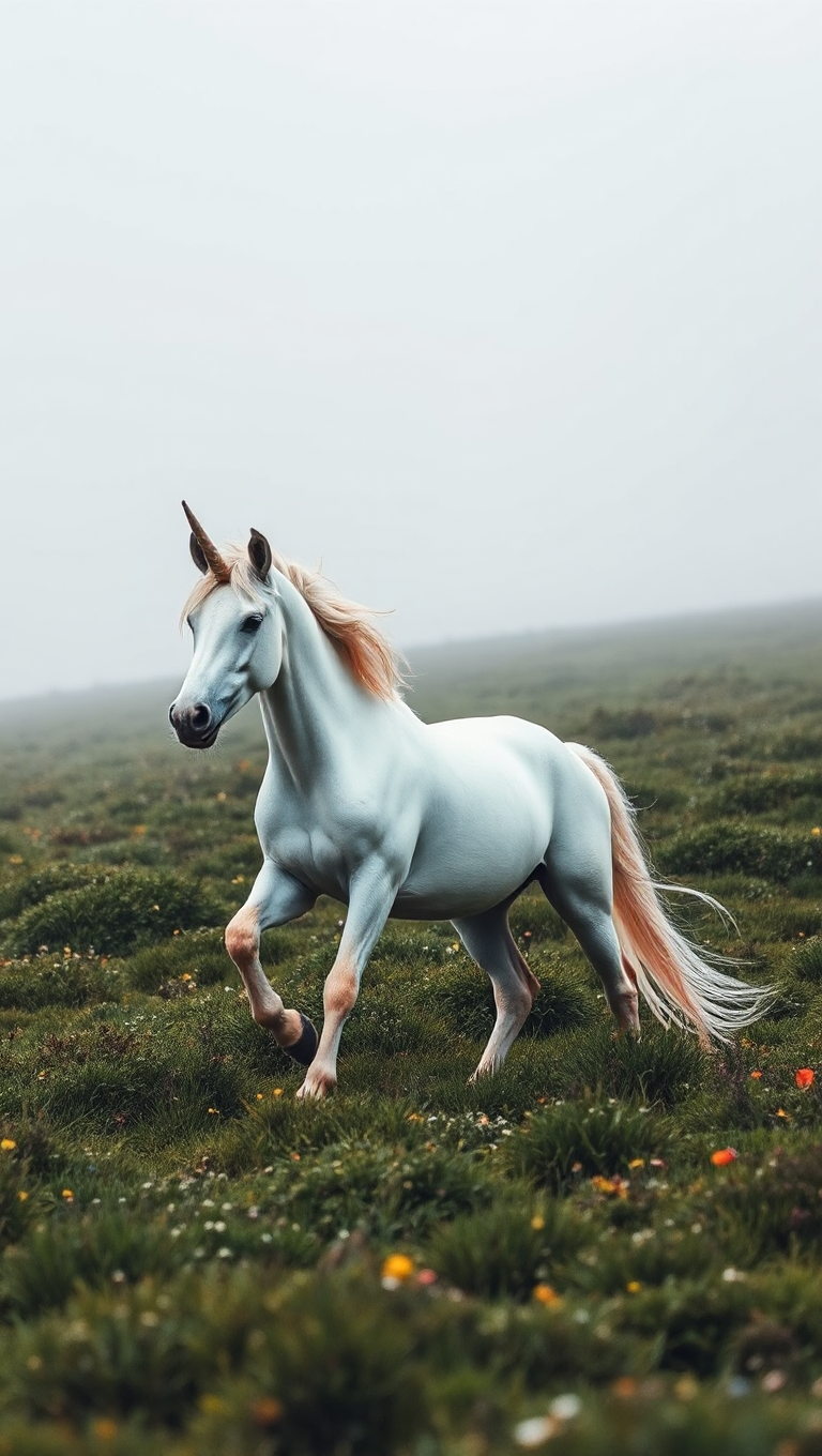 Unicorn in Lush Green Meadow with Misty Fog