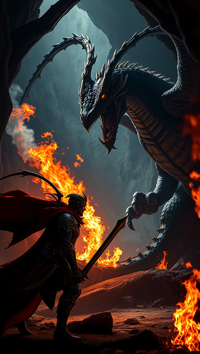 Tarnished Battles Dragon in Dark Cave with Elden Ring Background