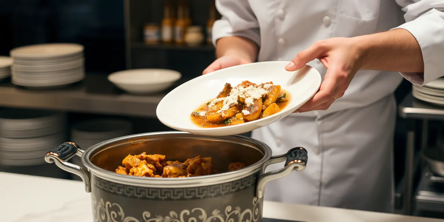 Chef Places Succulent Dish in Large Ornate Pot