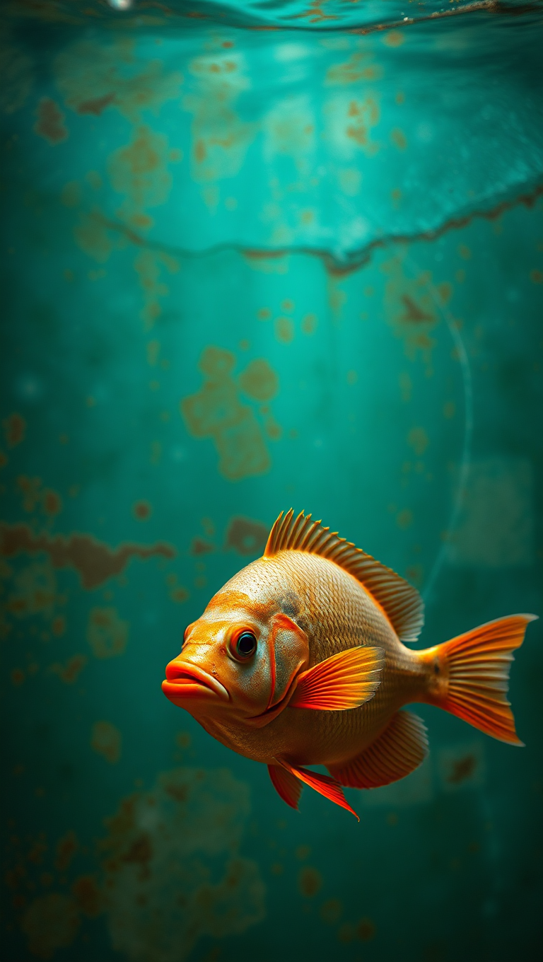 Vintage Aquarium Background with Distressed Textures and Retro Fish