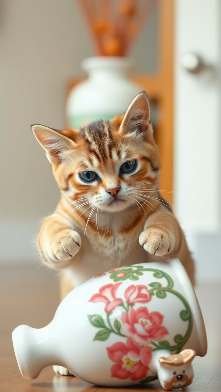 Mischievous Cat Knocks Over Vase with Guilty Face