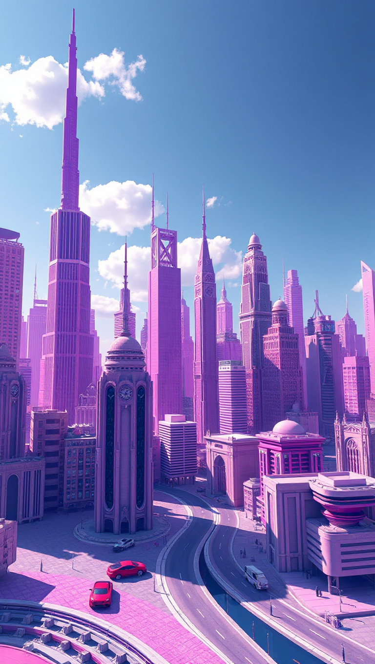 Purple AI Cityscape with Towering Skyscrapers and Flying Cars