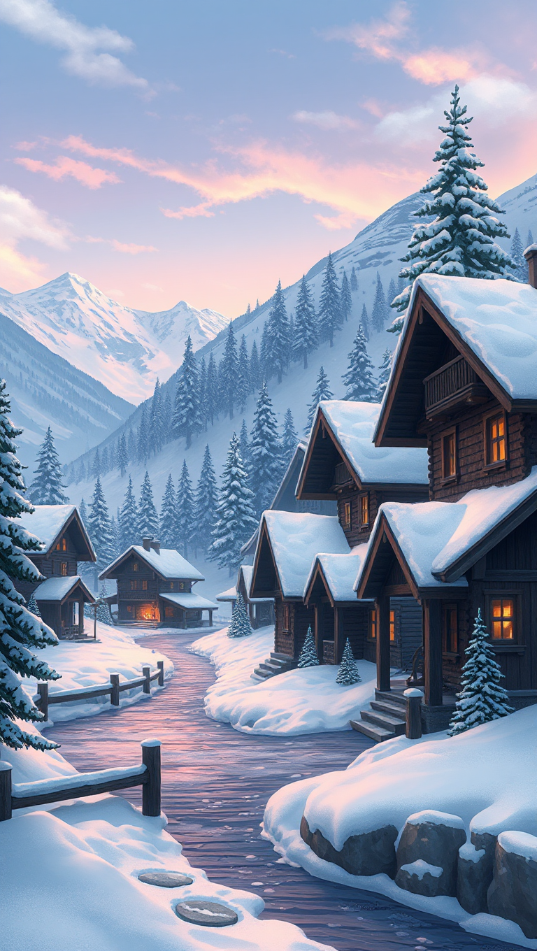 Cozy Mountain Village Anime Backgrounds for Winter Visual Novels