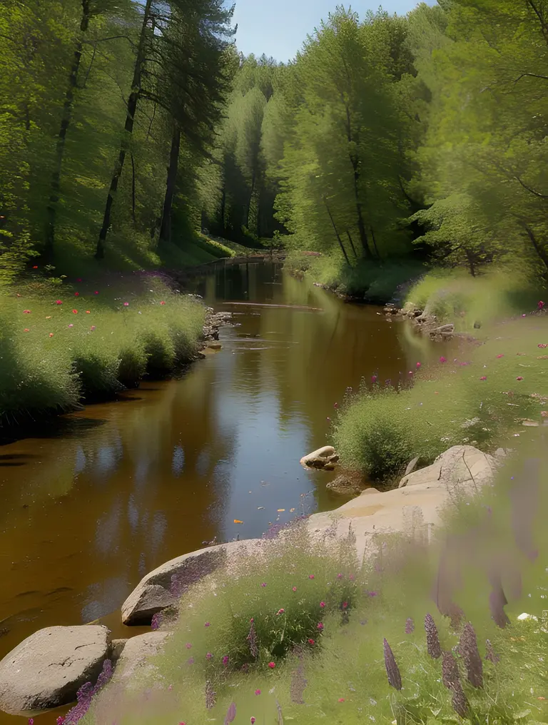 Peaceful Forest Glade with Wildflowers and Gentle Stream