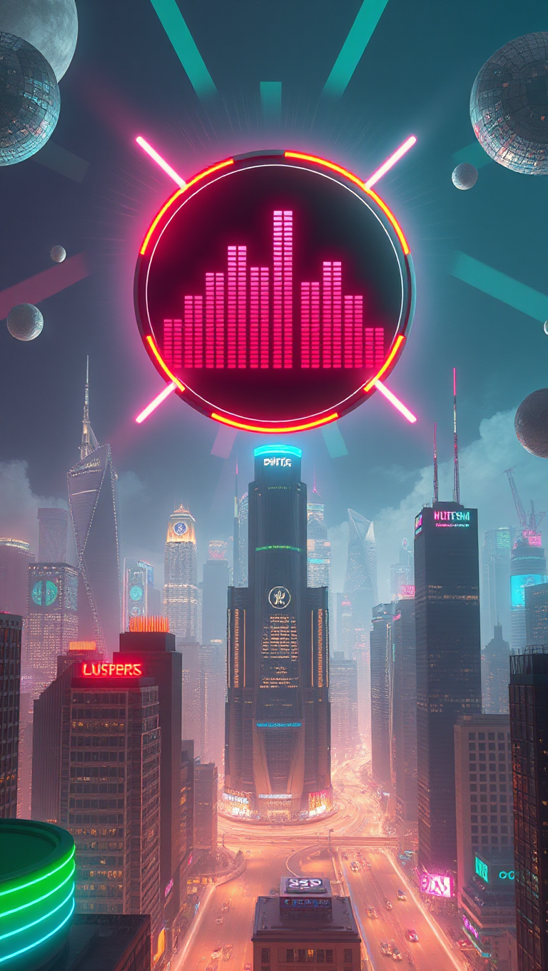 Giant Equalizer Fan in Futuristic Cityscape with VST Plugins