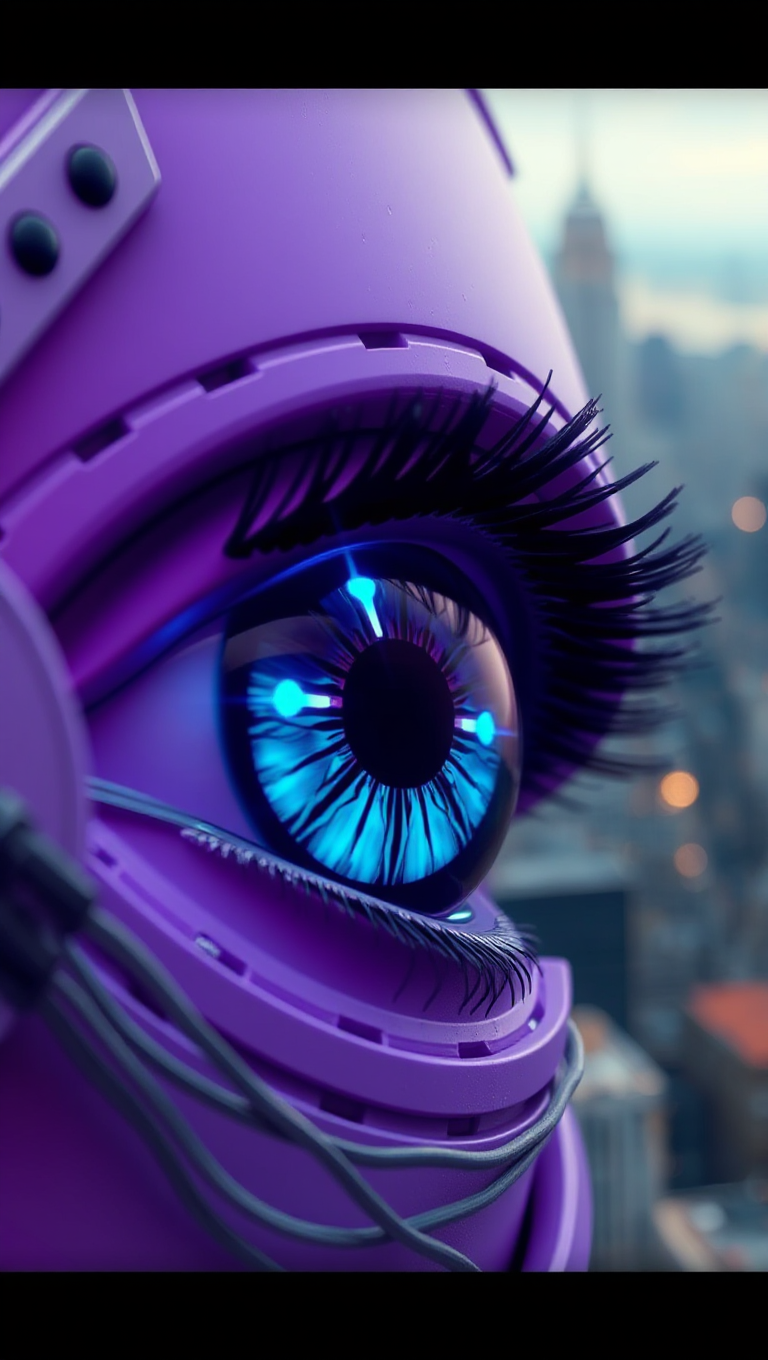 Close-up of Purple AI Eye with Glowing Blue Iris