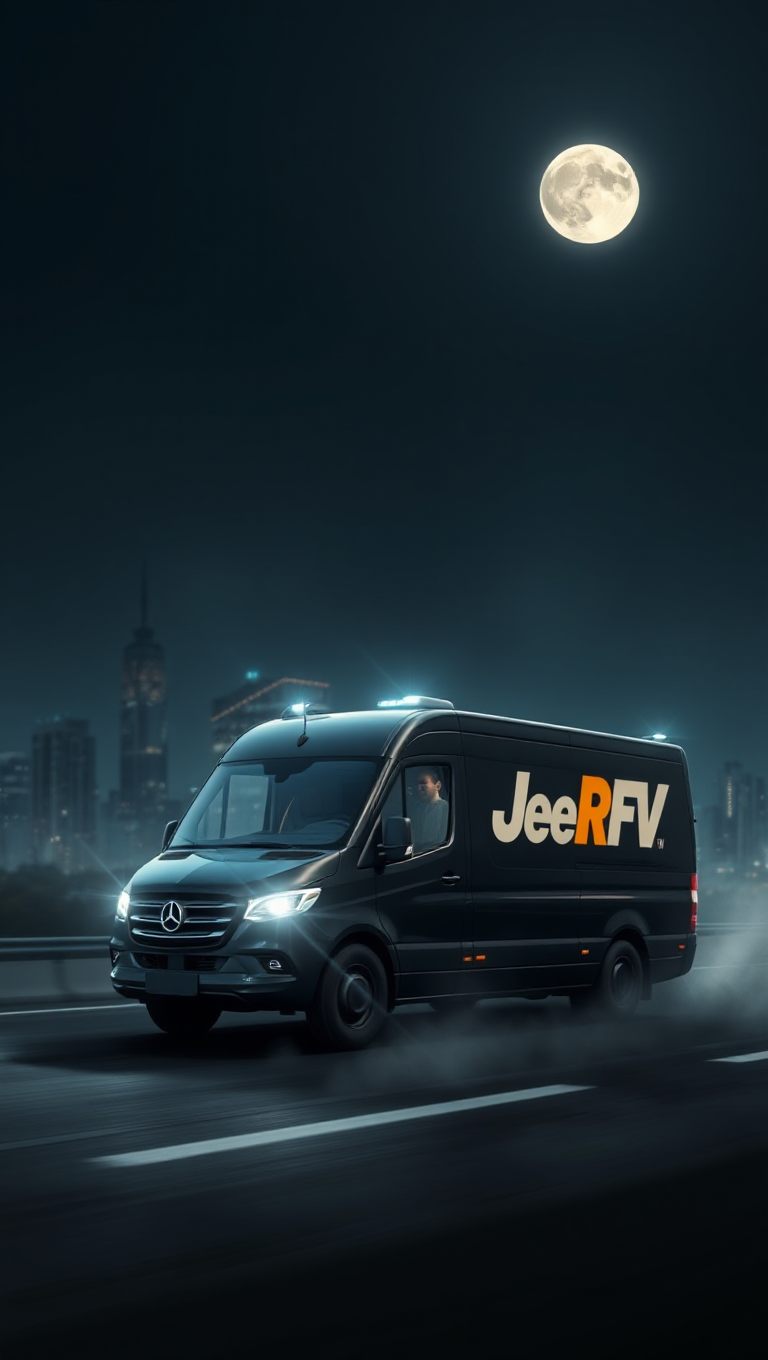 Dark Night Delivery Truck with Cityscape and Moon