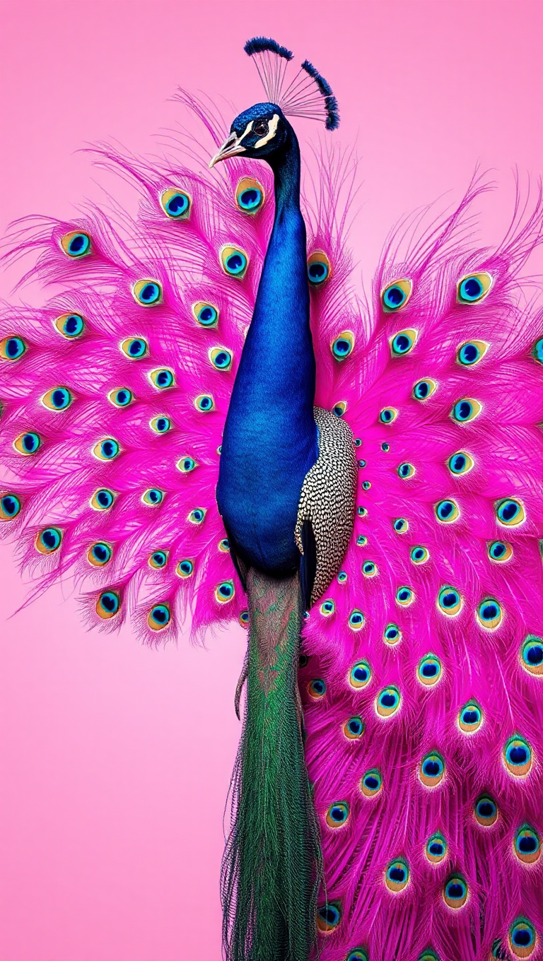 Majestic Peacock Spreads Pink Feathers on Miraculous Background