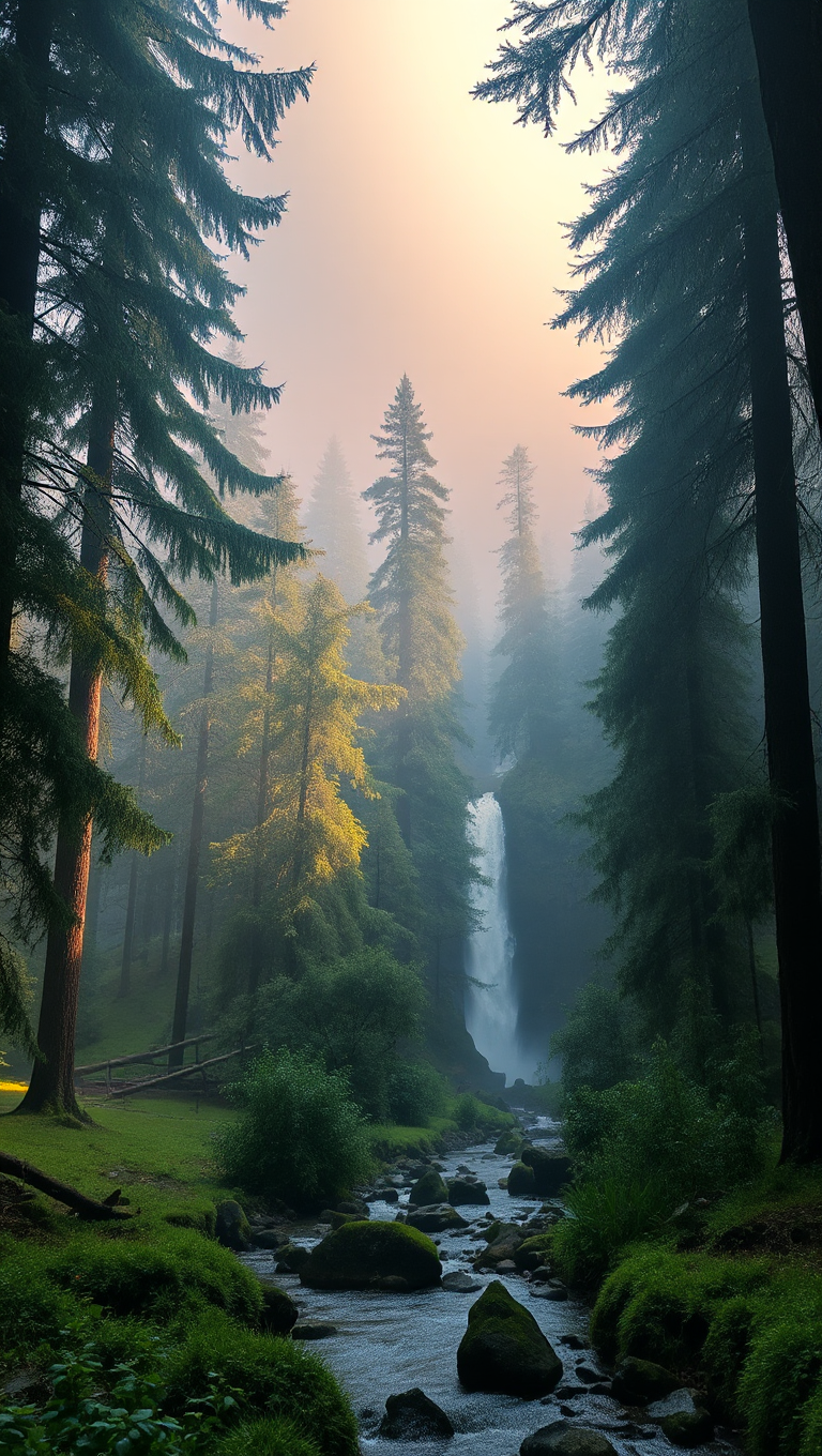 Misty Terreno Forest with Towering Trees and Brook