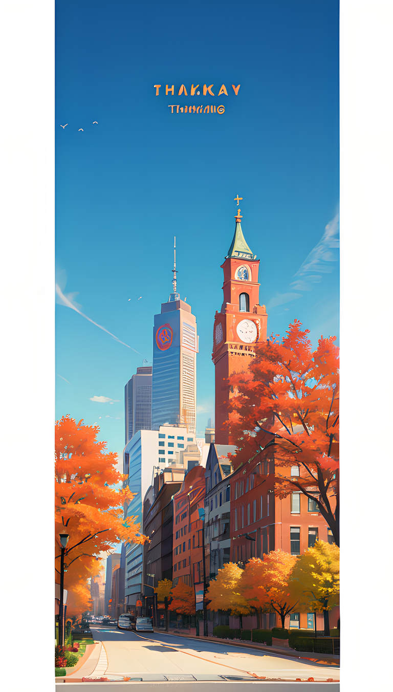 Colorful Fall-Themed Cityscape Thanksgiving Phone Background