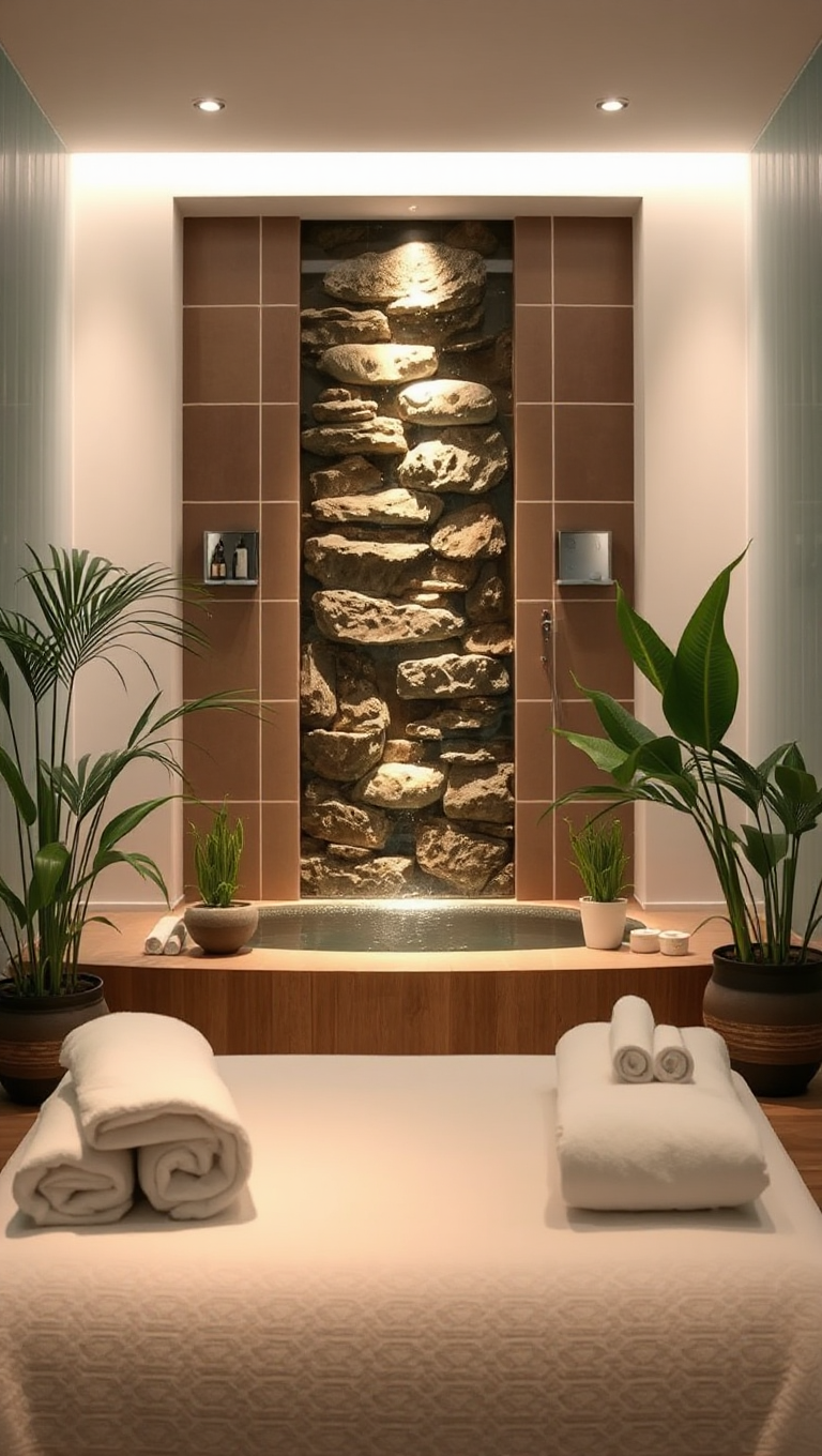 Serene Spa Room with Built-In Water Feature Background