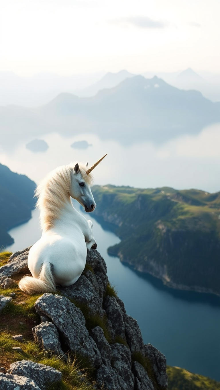 Serene Lake Scene with Unicorn and Misty Mountains