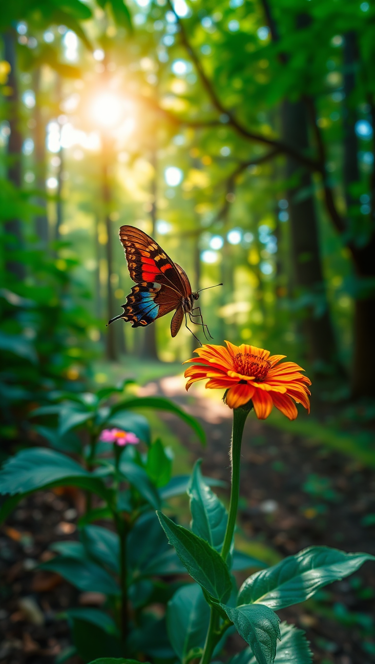 Serene Forest with Butterfly on Colorful Flower Background