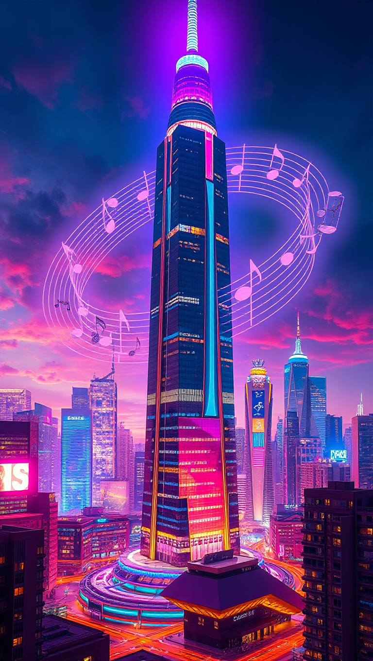 Futuristic Cityscape with Pulsing Electronic Background Music