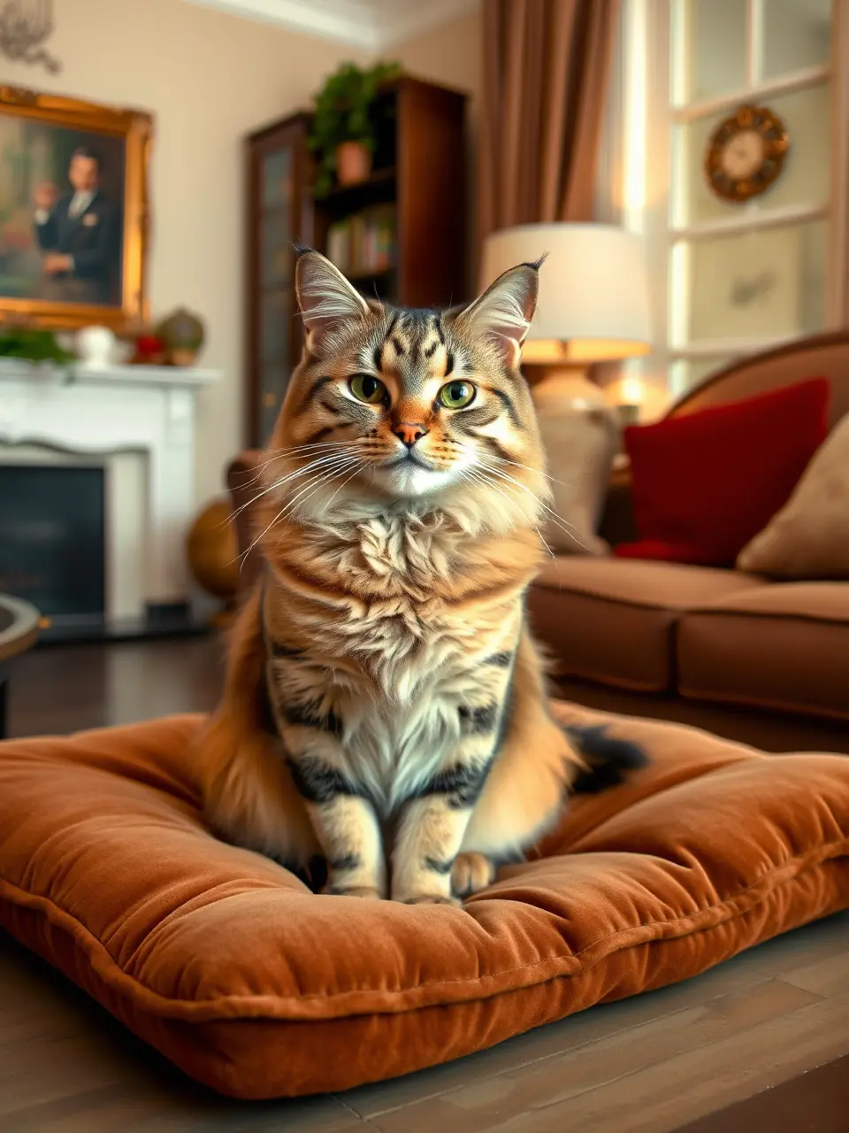 Regal Cat Sits on Velvet Cushion with Mischief in Eyes