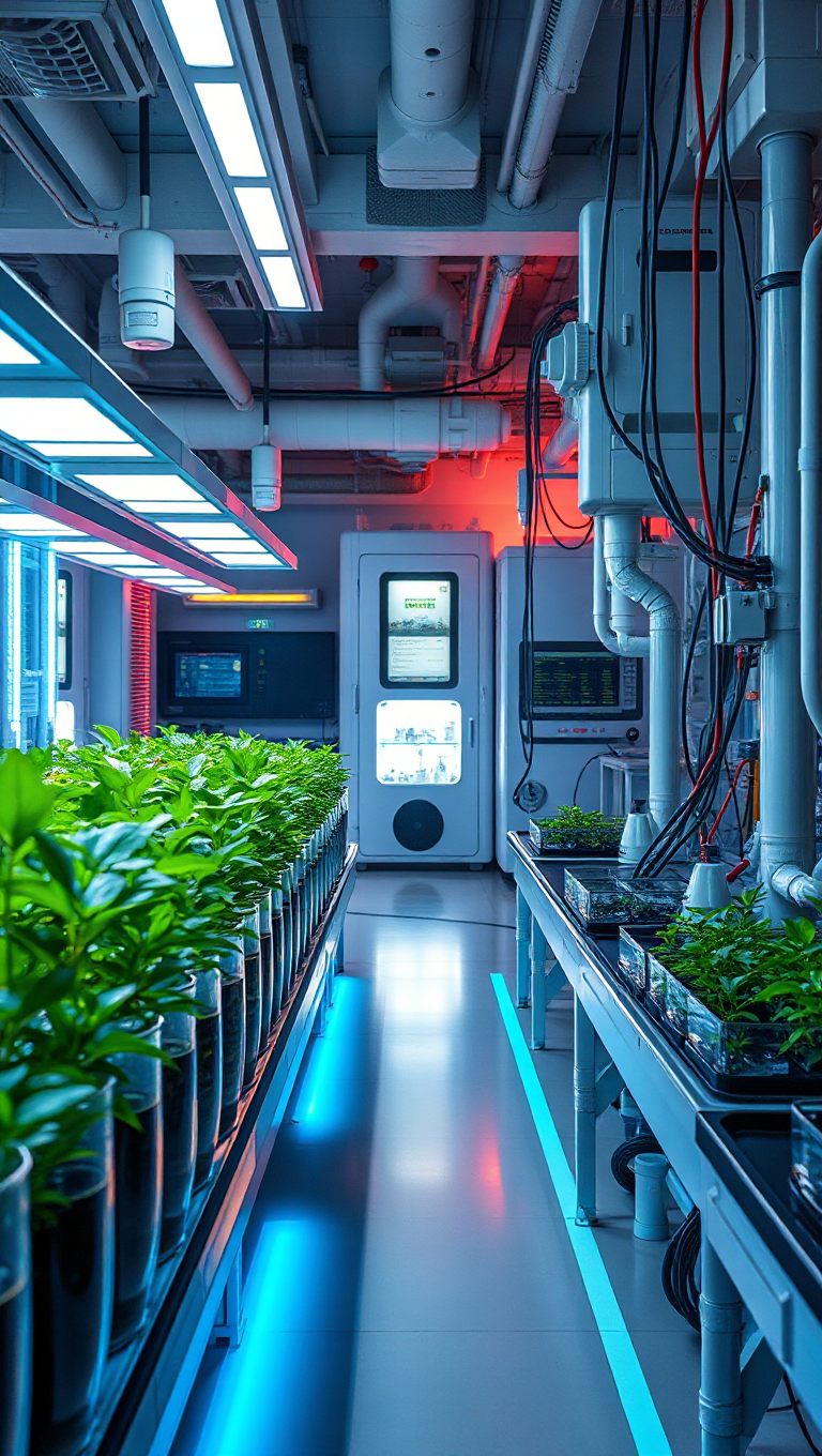 Futuristic Lab with Plants in Test Tubes and Discovery