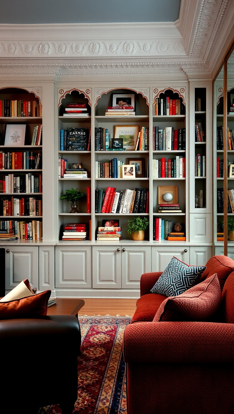 Cozy Living Room with Built-In Bookshelf Background