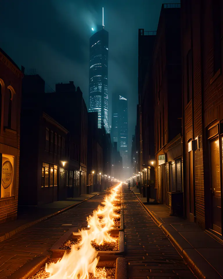 Cityscape at Night with Radiant Embers Illuminating Alleys