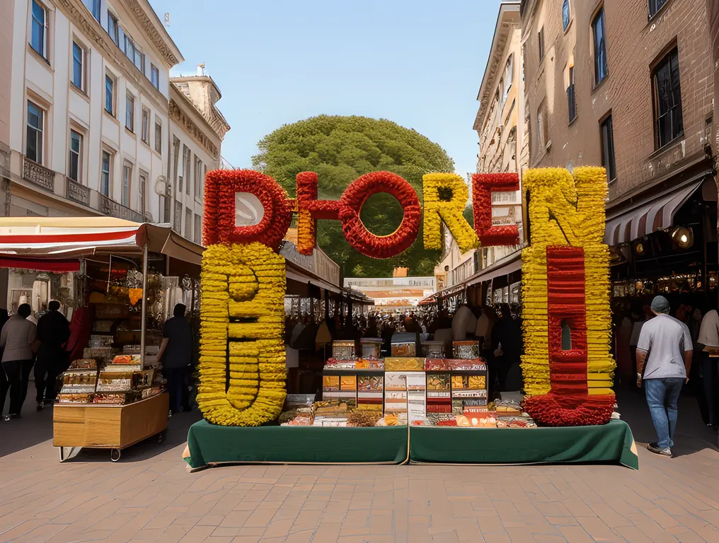 Vendors display "abcdefg" on giant marketplace banner.