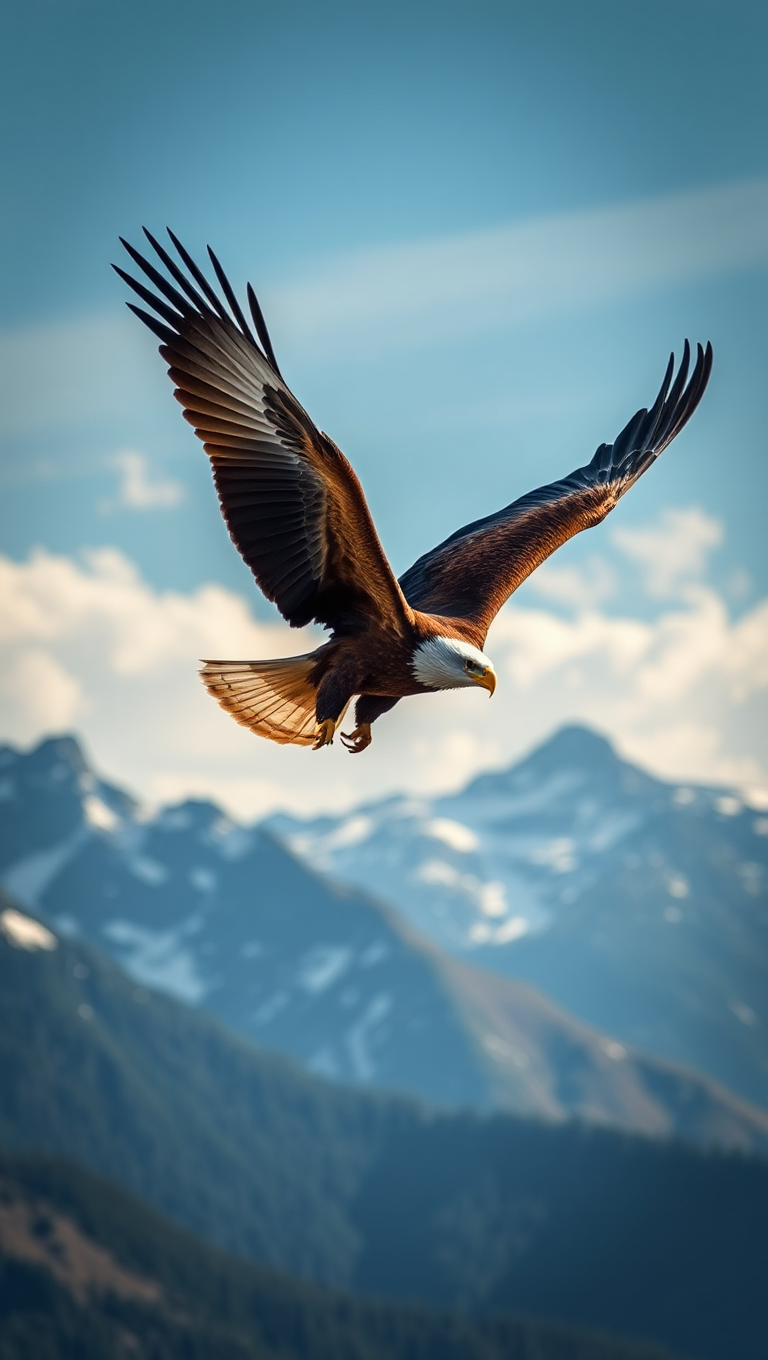 Majestic Eagle Soars Through Sky with Mountain Range