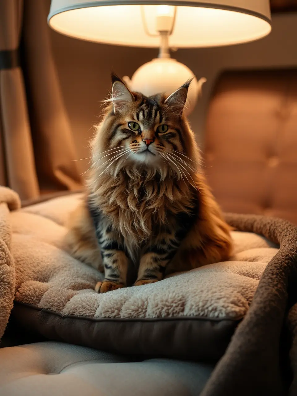 Regal Maine Coon Cat Relaxes on Plush Cushion