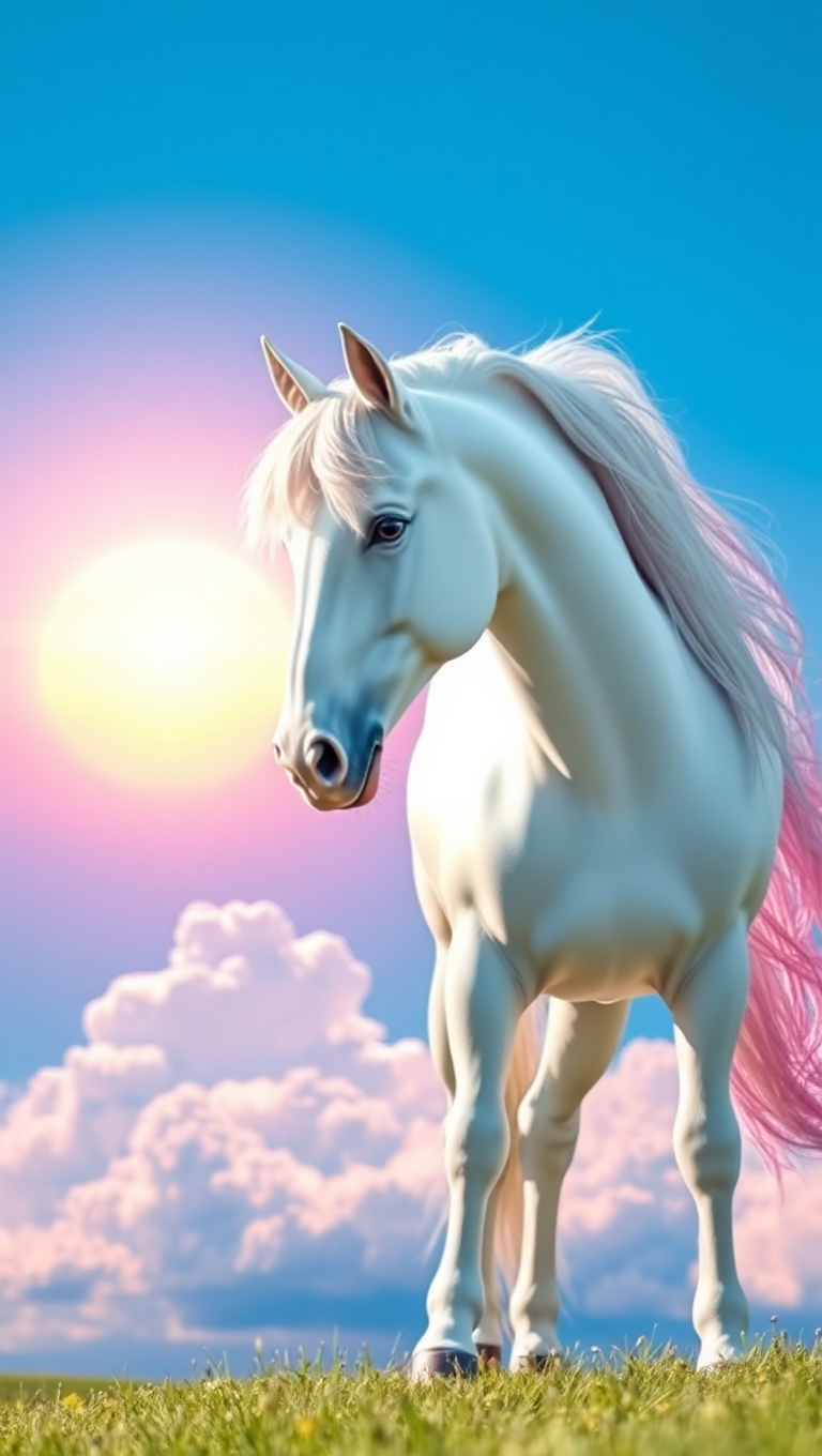 Majestic Unicorn Against Bright Blue Sunset Background