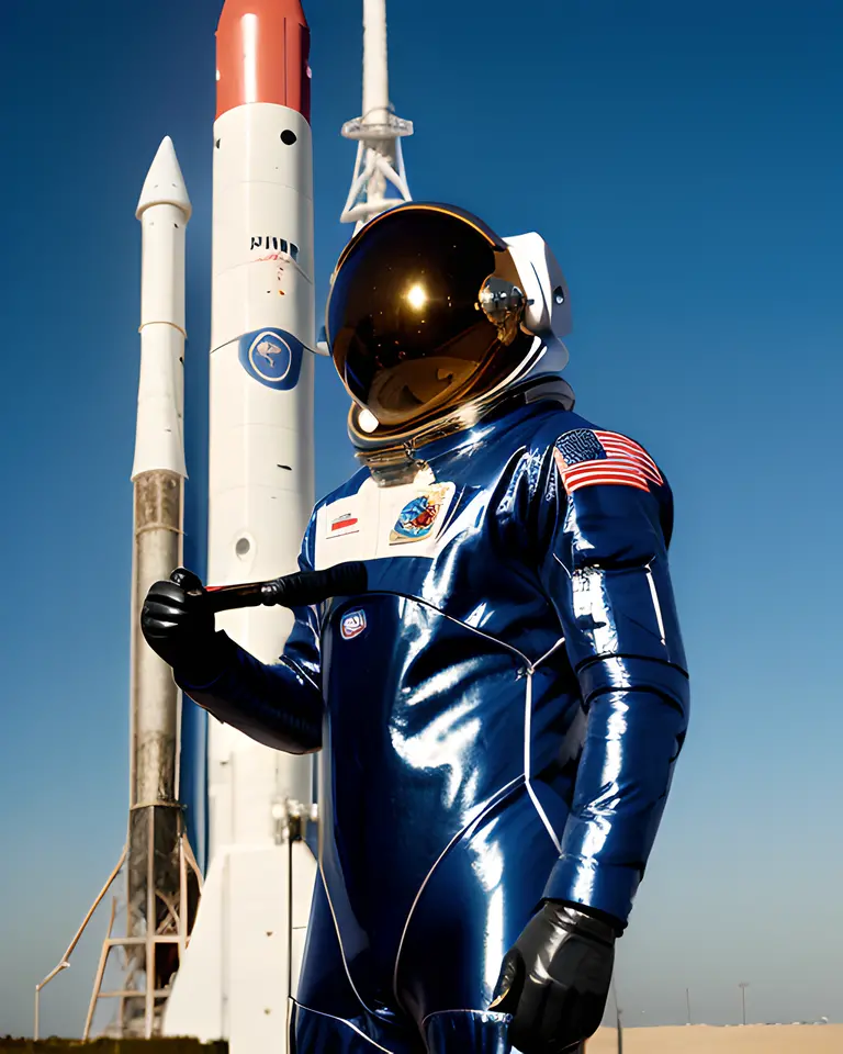 Astronaut in Black and Silver Spacesuit with Rocket Lancer Ship