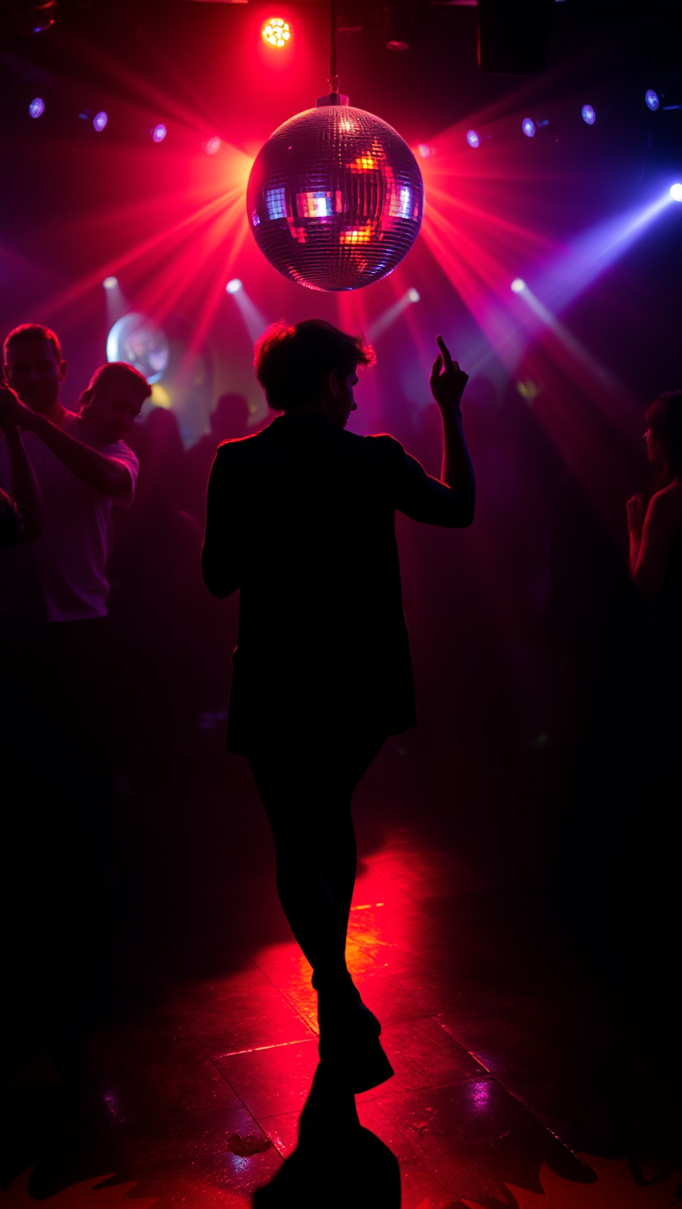 Person Dancing Alone in Nightclub with Flashing Disco Ball Lights