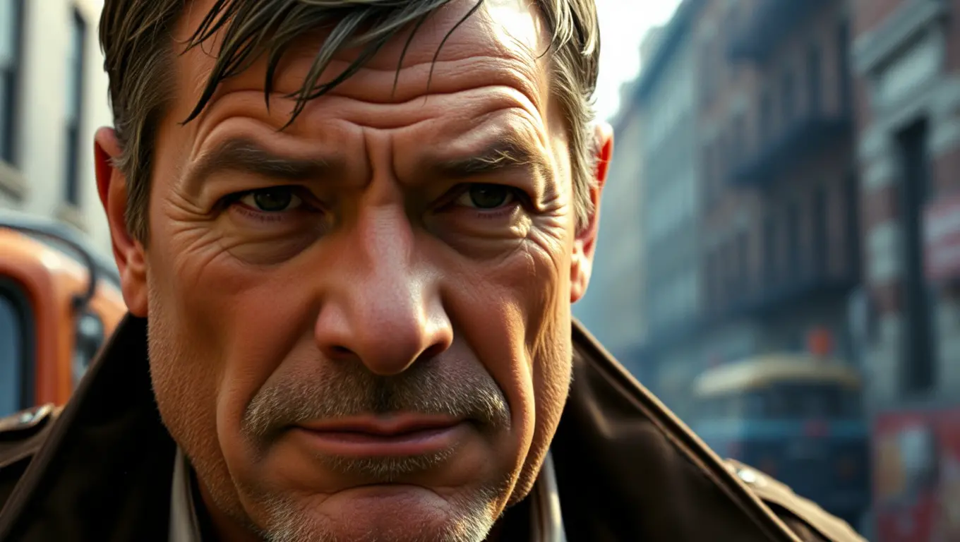 Charles Bronson's Rugged Face in Gritty Urban Backdrop