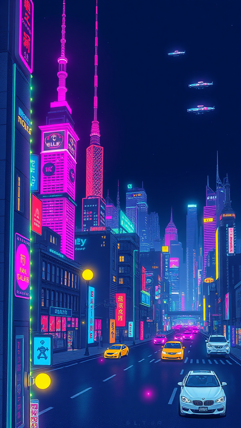 Neon City Night with Glowing Lights and Flying Cars