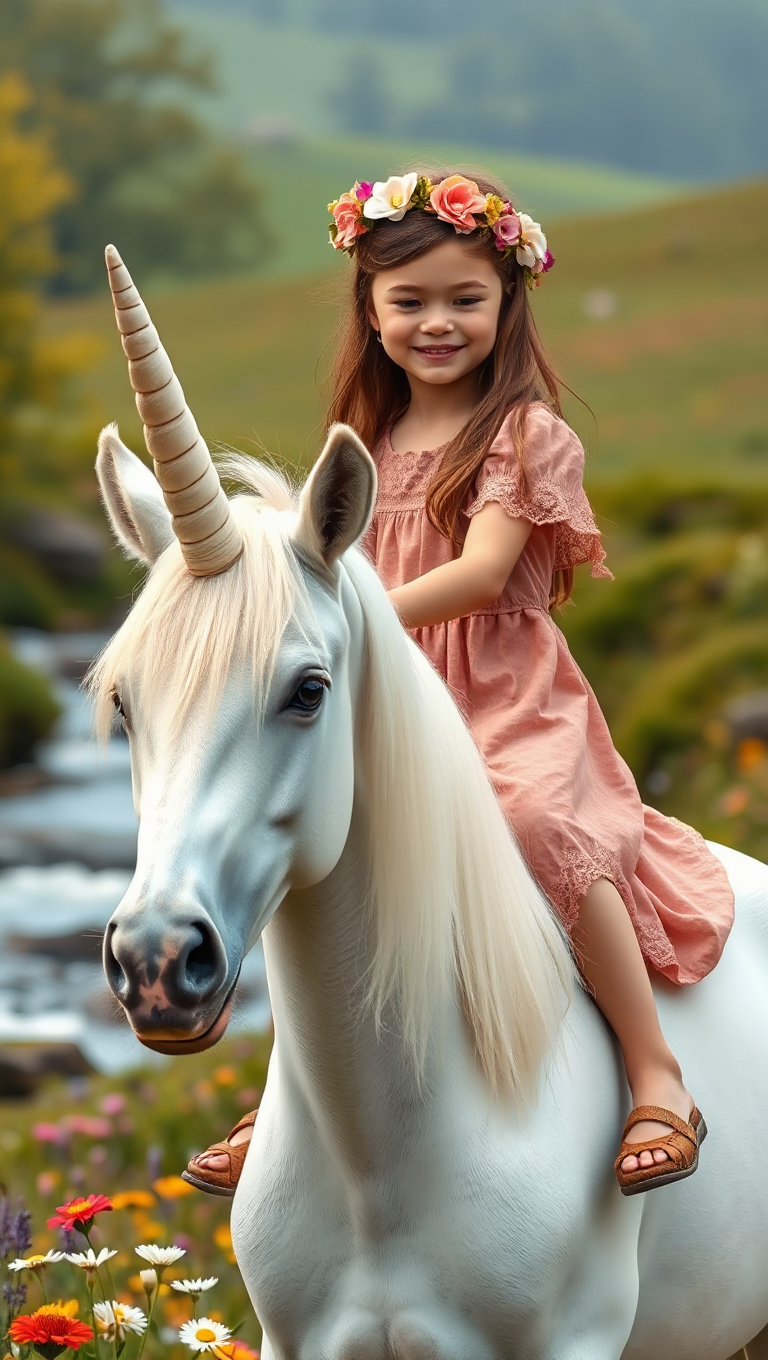 Kind Girl Rides Gentle Unicorn in Peaceful Landscape