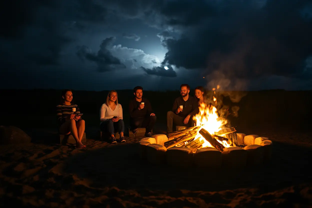 Friends Roast Marshmallows by Campfire on Stormy Night with "yyyyy
