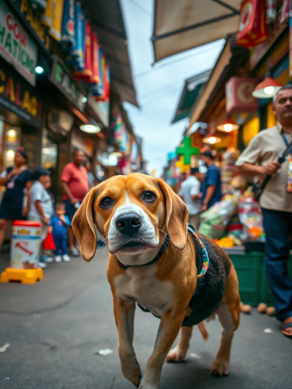 Beagle Explores Busy Street Market with Curious Onlookers