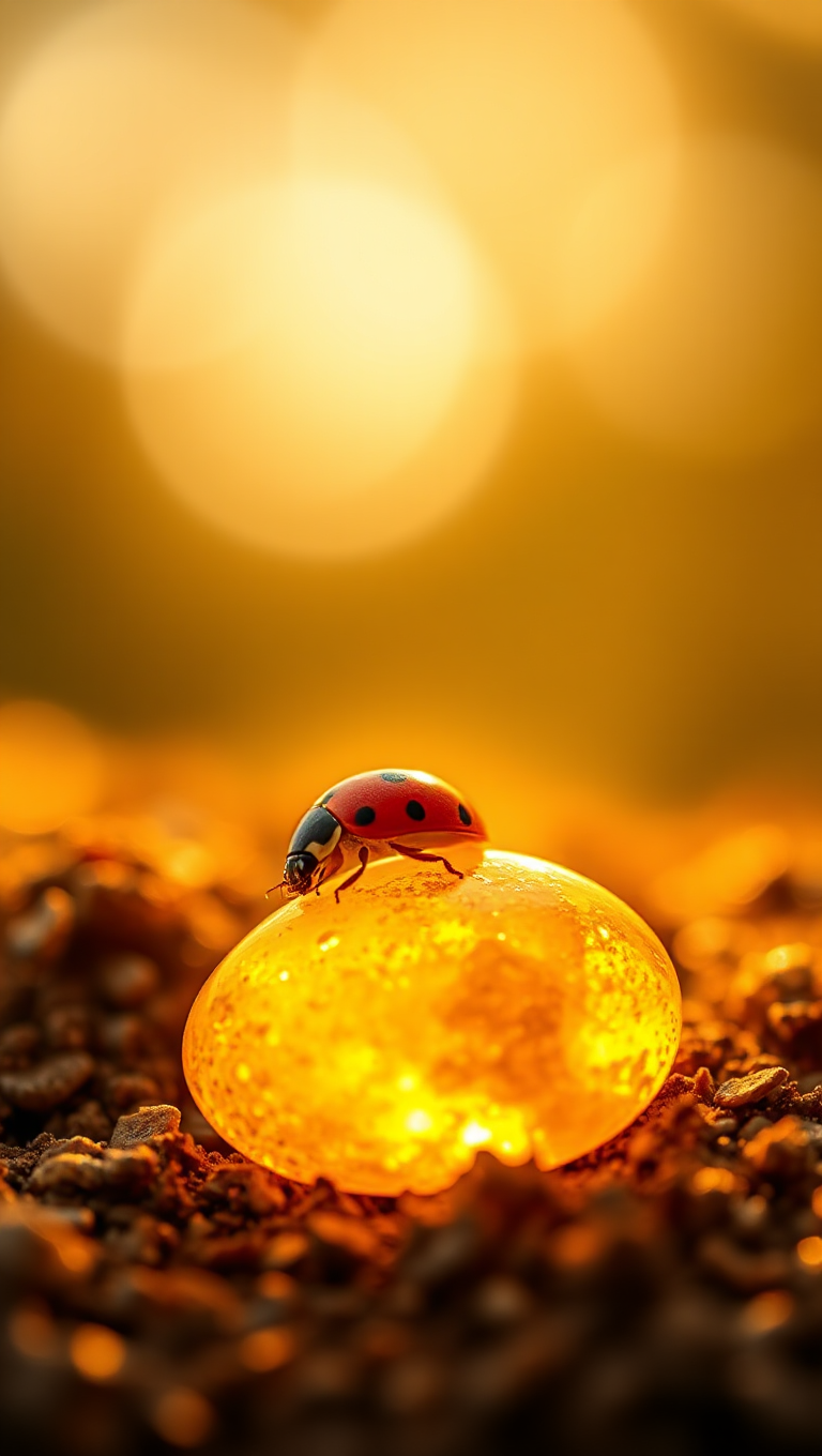 Ladybug on Glowing Stone with Warm Golden Background