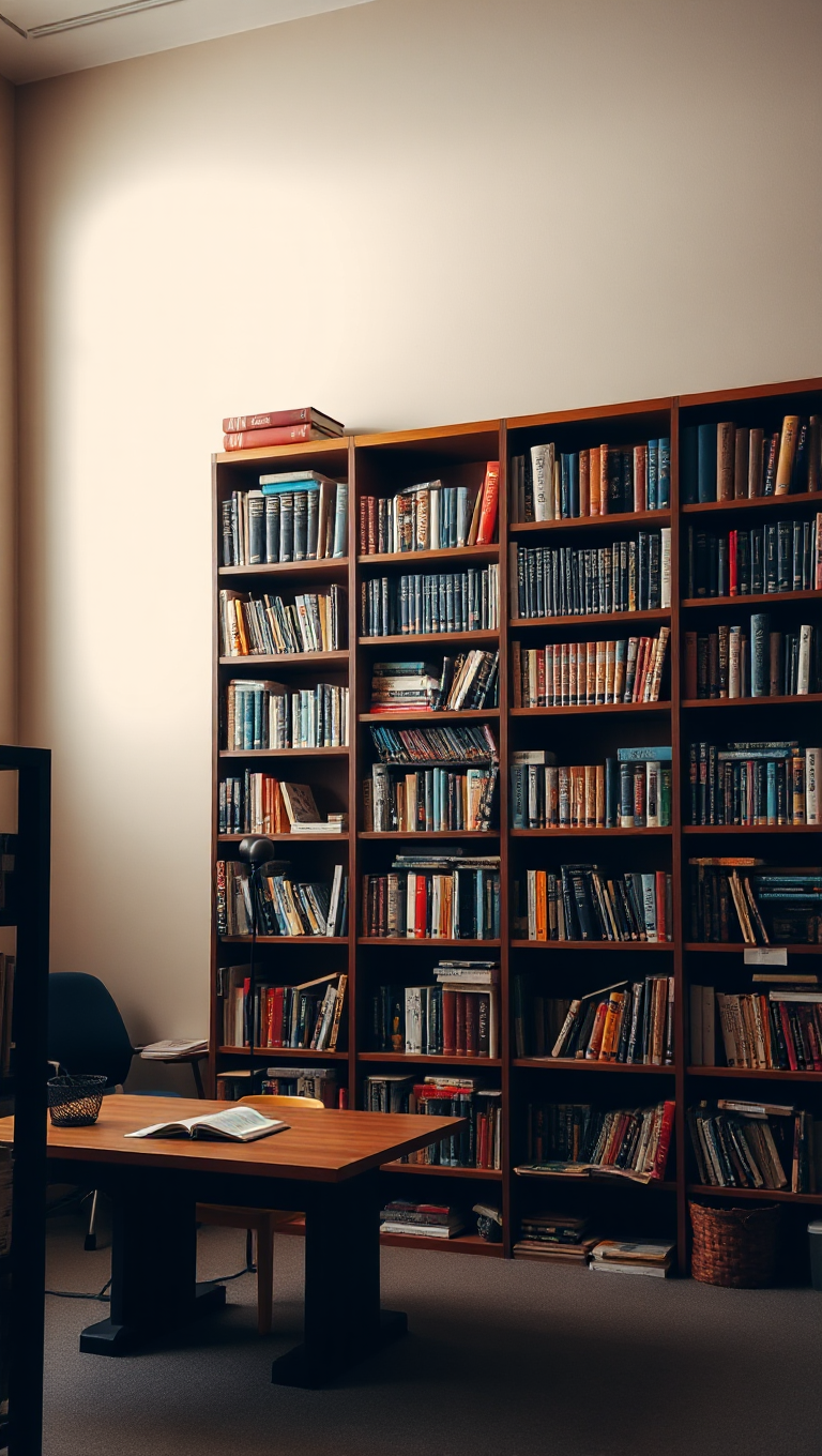 Peaceful Library with Normal Wall and Towering Bookshelf