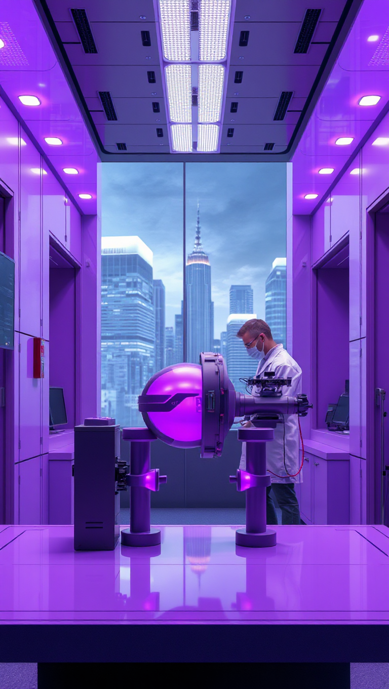 Purple Laboratory with Cityscape and AI Device