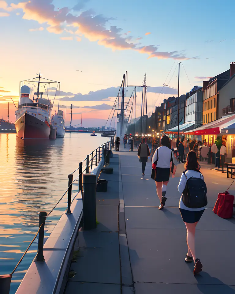 Bustling Riverfront City Scene at Sunset