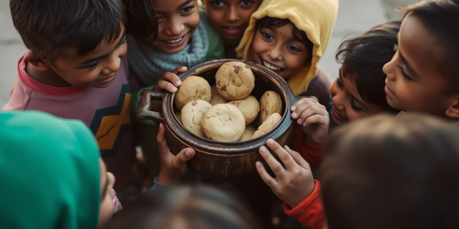 Children Gather Around Wooden Pot of Homemade Cookies