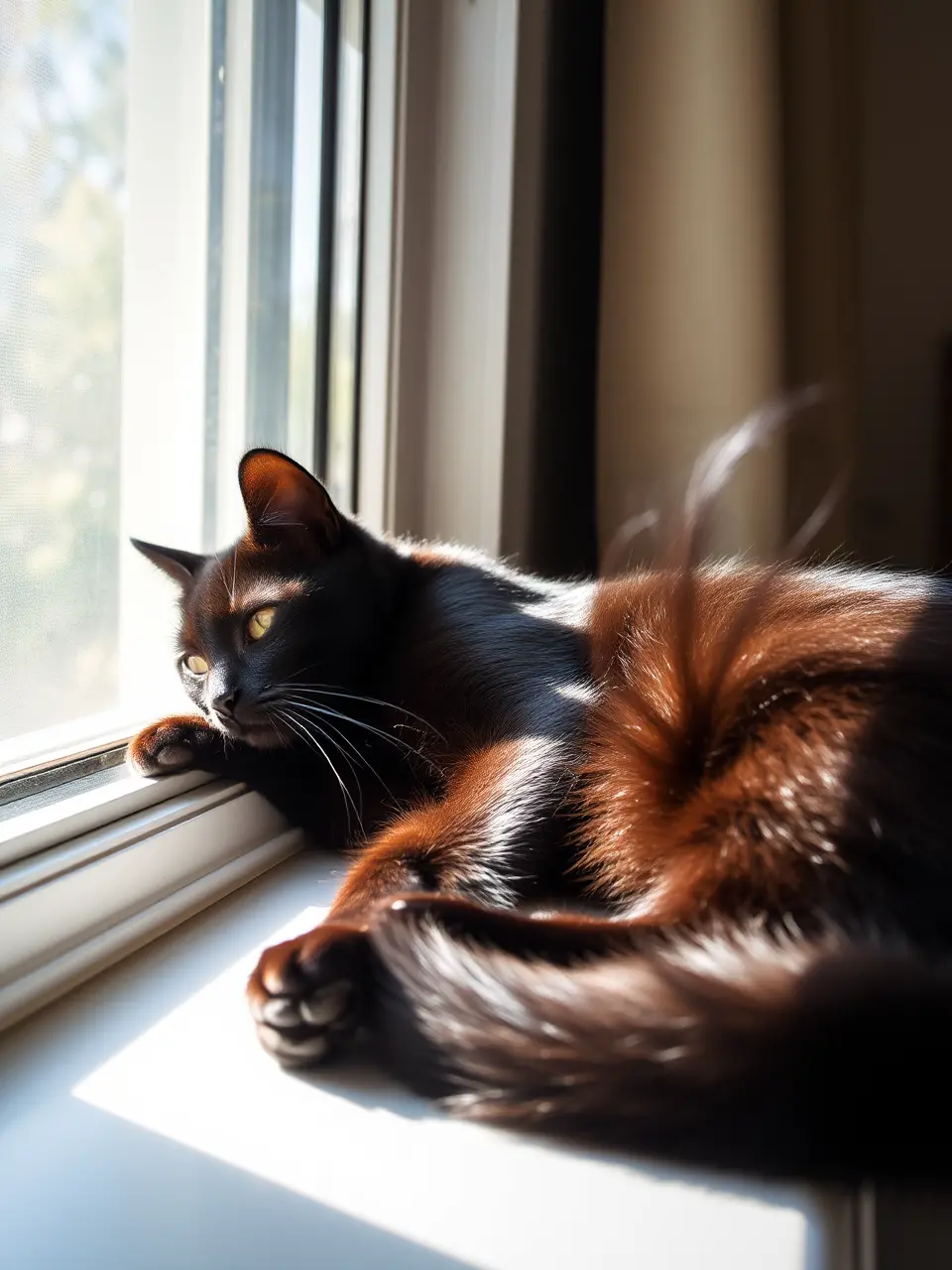 Sleek Black Cat Lounges in Sunbeam with Glistening Fur