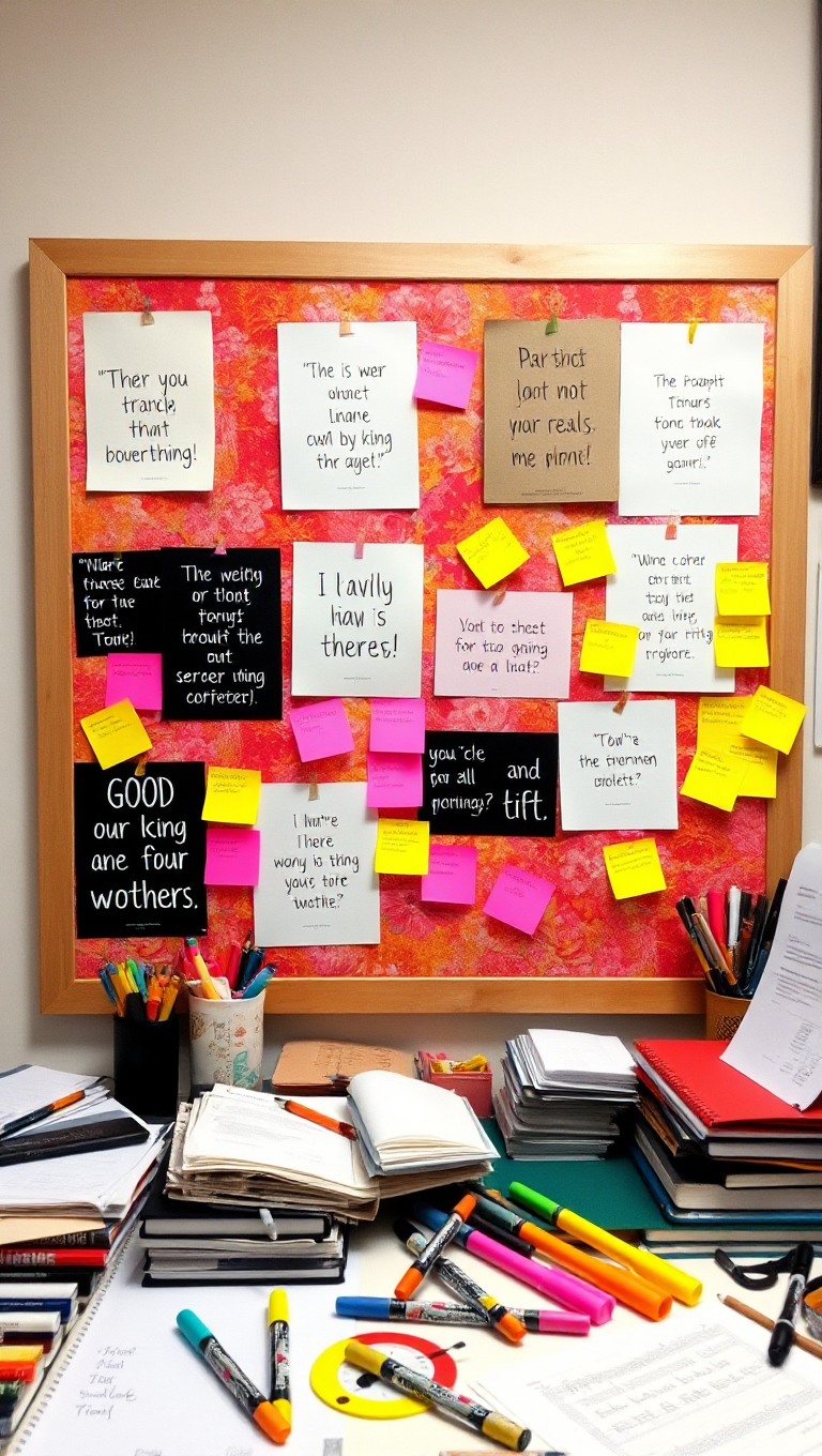 Colorful Workspace with Inspiring Quotes and Markers