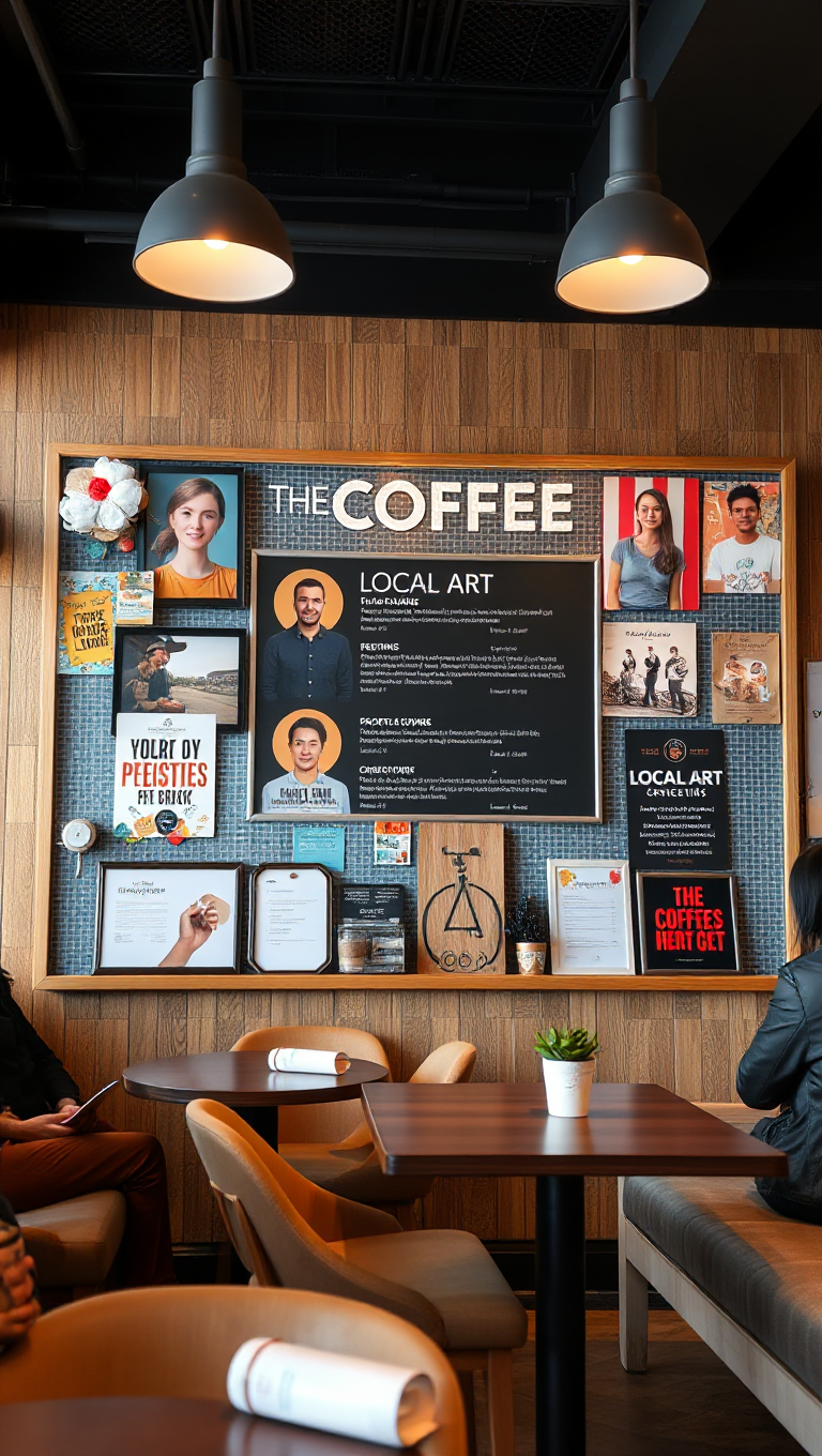 Trendy Coffee Shop with Local Art and Promotions