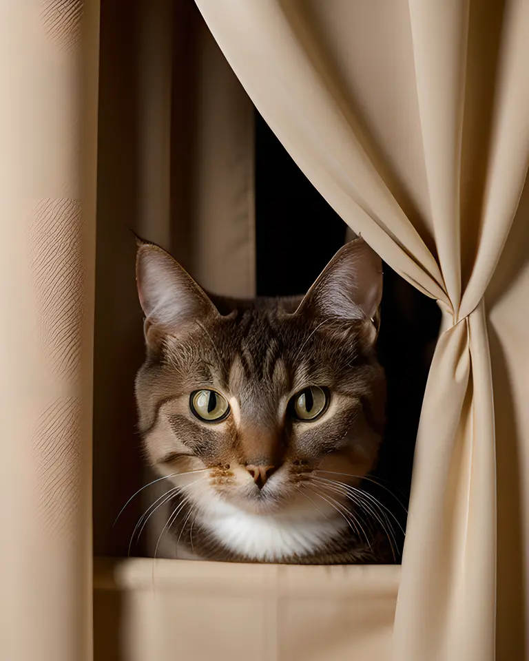 Curious Cat Peeks from Behind Curtain