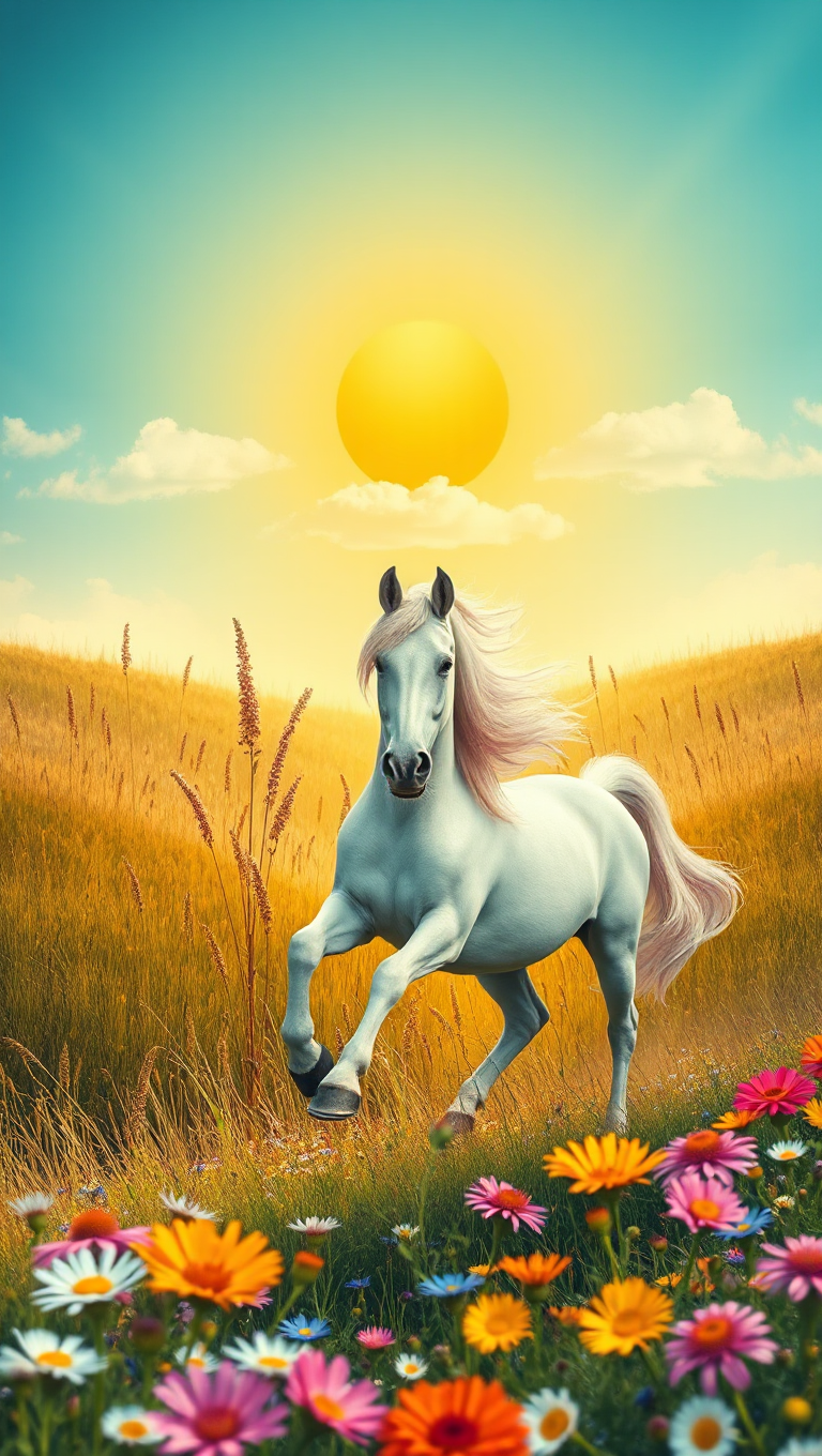 Unicorn Runs Through Field of Wildflowers with Sunny Sky