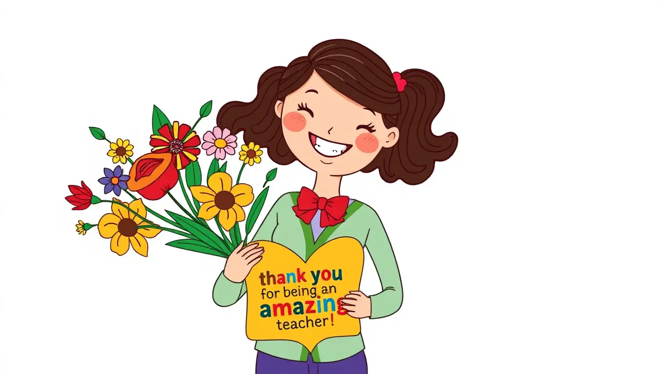 Colorful Teacher Appreciation Image with Bouquet and Heart-Shaped Plaque